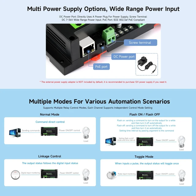 Alt view image 7 of 7 - Waveshare 8-Ch Ethernet Relay Module (B) with Digital Input, Modbus RTU/Modbus TCP Protocol, PoE Port Communication, with Various Isolation and Protection Circuits, Industrial Grade Rail-Mount Case
