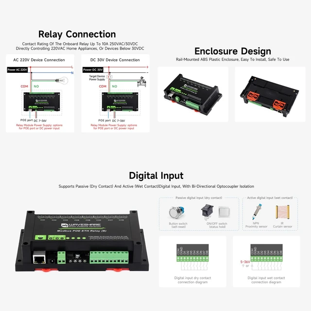 Alt view image 5 of 7 - Waveshare 8-Ch Ethernet Relay Module (B) with Digital Input, Modbus RTU/Modbus TCP Protocol, PoE Port Communication, with Various Isolation and Protection Circuits, Industrial Grade Rail-Mount Case