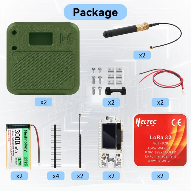 Alt view image 7 of 7 - Meshnology 2 Set ESP32 LoRa V3 Development Board with 915MHz Antenna + 3000mAh Battery + Meshtastic Case, ESP32-S3 SX1262 Integrated WiFi Bluetooth OLED Display for Arduino LoRaWAN IOT (N32, Green)