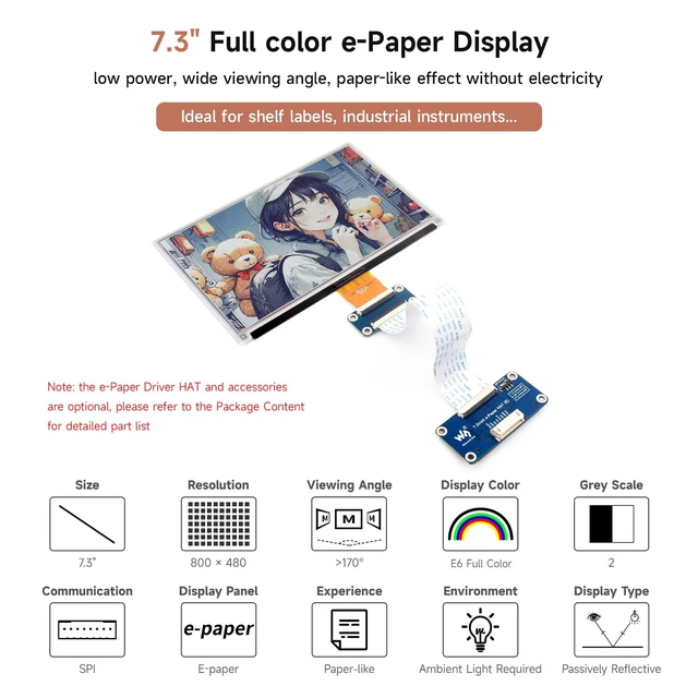 Alt view image 2 of 7 - Waveshare 7.3" E-Paper Display Module, Compatible with Raspberry Pi 4/5/3/Zero/Zero 2/Pico/Nano, Support Jetson Orin Nano