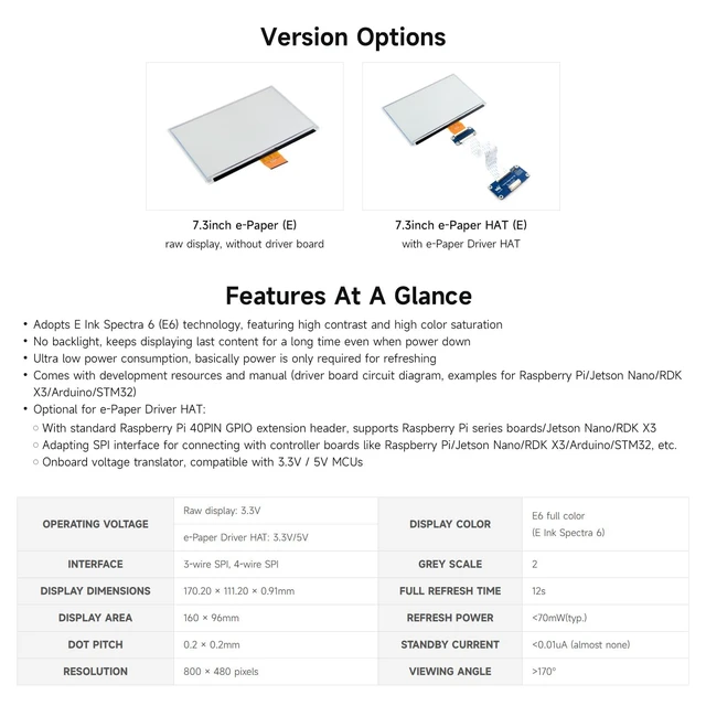 Alt view image 3 of 7 - Waveshare 7.3" E-Paper Display Module, Compatible with Raspberry Pi 4/5/3/Zero/Zero 2/Pico/Nano, Support Jetson Orin Nano