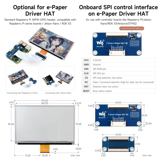 Alt view image 7 of 7 - Waveshare 7.3" E-Paper Display Module, Compatible with Raspberry Pi 4/5/3/Zero/Zero 2/Pico/Nano, Support Jetson Orin Nano