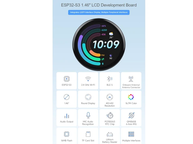 Alt view image 2 of 7 - ESP32-S3 1.46inch Round Display Development Board, 412×412 IPS Touch Screen | 16.7M Color,Onboard Speaker And Microphone,Integrates QSPI Interface Display,Supports WiFi and Bluetooth