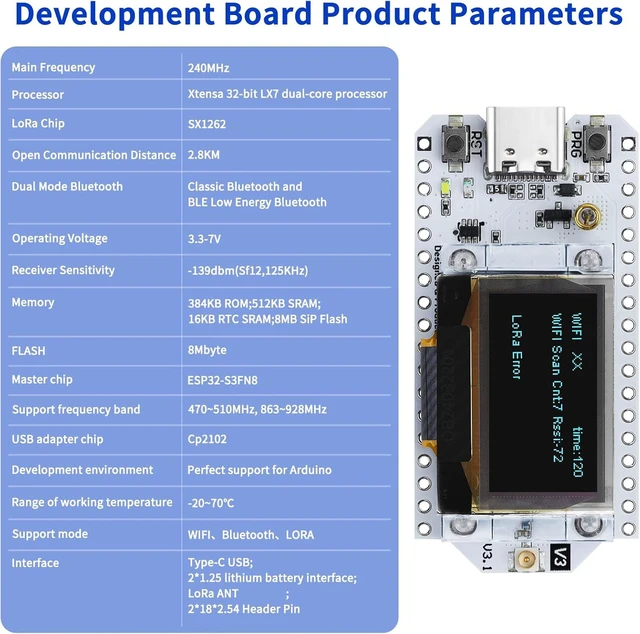 Alt view image 6 of 7 - ESP32 LoRa V3 Module Board with 3000mAh Battery Set - with 915MHz Antenna and SX1262 LoRa V3 Case Devices for Meshtastic Ar duino LoRawan IOT