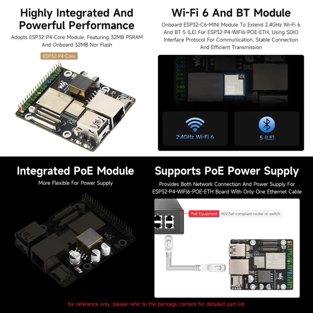 Alt view image 7 of 7 - Waveshare ESP32-P4-WIFI6-POE-ETH High-Performance Development Board, Based On ESP32-P4 and ESP32-C6, Supports Wi-Fi 6 and BLT 5 (LE), PoE Module, Bundle with Speaker and Cables (5 Items)