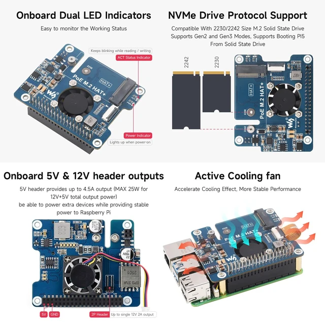Alt view image 6 of 7 - waveshare NVME PCIe to M.2 Adapter with PoE Function for RPI, Compatible with Raspberry Pi 5, Supports NVMe Protocol M.2 Solid State Drive 2230/2242, Supports 802.3af/at, with Cooling Fan