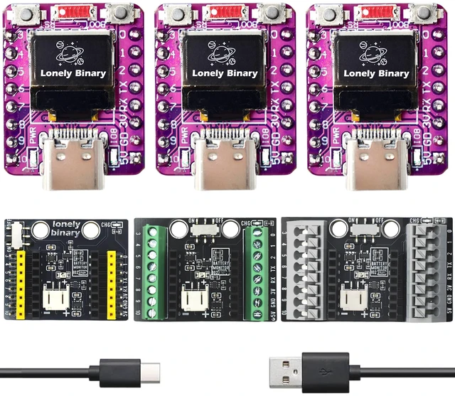 Main image of Lonely Binary 3-Pack ESP32-C3 OLED WiFi BLE LiPo Shield for C++ | Built-in OLED, WiFi + BT 5.0 LE; 3 shields: 2.54mm, screw & non-screw terminal; LiPo UPS charging, 3.3V; battery monitor pads