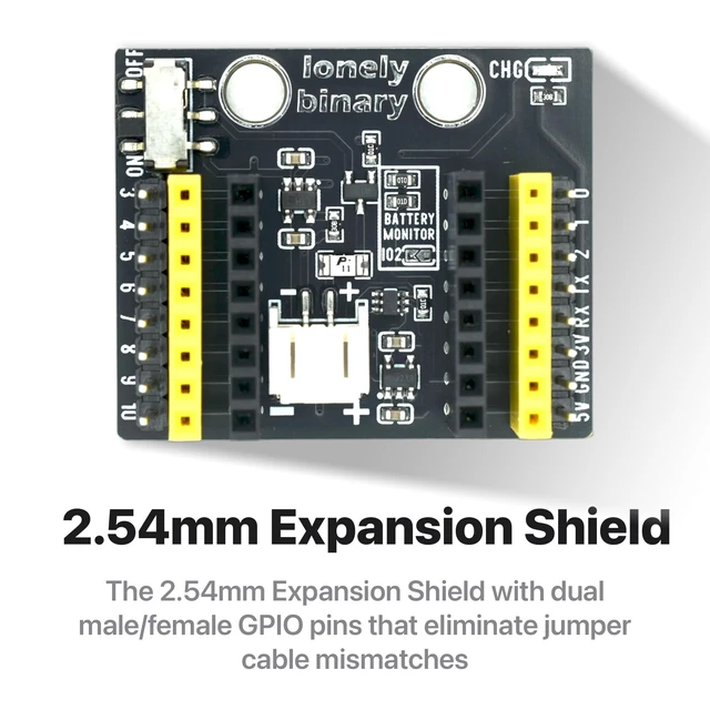 Alt view image 4 of 7 - Lonely Binary 3-Pack ESP32-C3 OLED WiFi BLE LiPo Shield for C++ | Built-in OLED, WiFi + BT 5.0 LE; 3 shields: 2.54mm, screw & non-screw terminal; LiPo UPS charging, 3.3V; battery monitor pads