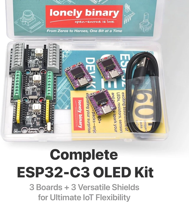 Alt view image 7 of 7 - Lonely Binary 3-Pack ESP32-C3 OLED WiFi BLE LiPo Shield for C++ | Built-in OLED, WiFi + BT 5.0 LE; 3 shields: 2.54mm, screw & non-screw terminal; LiPo UPS charging, 3.3V; battery monitor pads