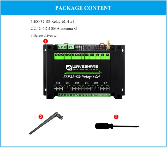 Alt view image 2 of 7 - Industrial 6-Channel ESP32-S3 WiFi Relay Module, Supports WiFi/Bluetooth/RS485 Controll, Onboard RS485 / Pico HAT Interfaces, for Expanding RTC/CAN / RS232 / LoRa/Sensor, etc.