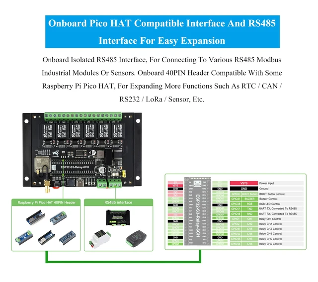 Alt view image 4 of 7 - Industrial 6-Channel ESP32-S3 WiFi Relay Module, Supports WiFi/Bluetooth/RS485 Controll, Onboard RS485 / Pico HAT Interfaces, for Expanding RTC/CAN / RS232 / LoRa/Sensor, etc.