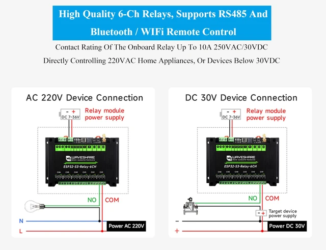 Alt view image 5 of 7 - Industrial 6-Channel ESP32-S3 WiFi Relay Module, Supports WiFi/Bluetooth/RS485 Controll, Onboard RS485 / Pico HAT Interfaces, for Expanding RTC/CAN / RS232 / LoRa/Sensor, etc.