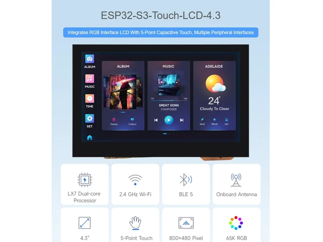 Alt view image 2 of 7 - ESP32-S3 4.3inch Capacitive Touch LCD Development Board,800×480 | 2.4GHz WiFi and BLE 5 Support,32-bit LX7 Dual-core ProcessorOnboard CAN, RS485, I2C Interface