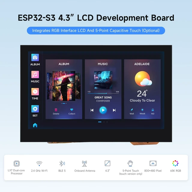 Alt view image 3 of 7 - Waveshare ESP32-S3 4.3inch Capacitive Touch Display Development Board, 800×480, 5-Point Touch, 32-Bit LX7 Dual-Core Processor, Up to 240MHz Frequency, with Onboard Antenna