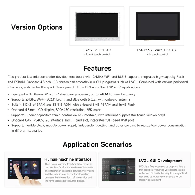 Alt view image 4 of 7 - Waveshare ESP32-S3 4.3inch Capacitive Touch Display Development Board, 800×480, 5-Point Touch, 32-Bit LX7 Dual-Core Processor, Up to 240MHz Frequency, with Onboard Antenna