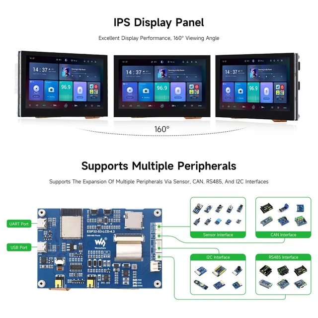 Alt view image 5 of 7 - Waveshare ESP32-S3 4.3inch Capacitive Touch Display Development Board, 800×480, 5-Point Touch, 32-Bit LX7 Dual-Core Processor, Up to 240MHz Frequency, with Onboard Antenna