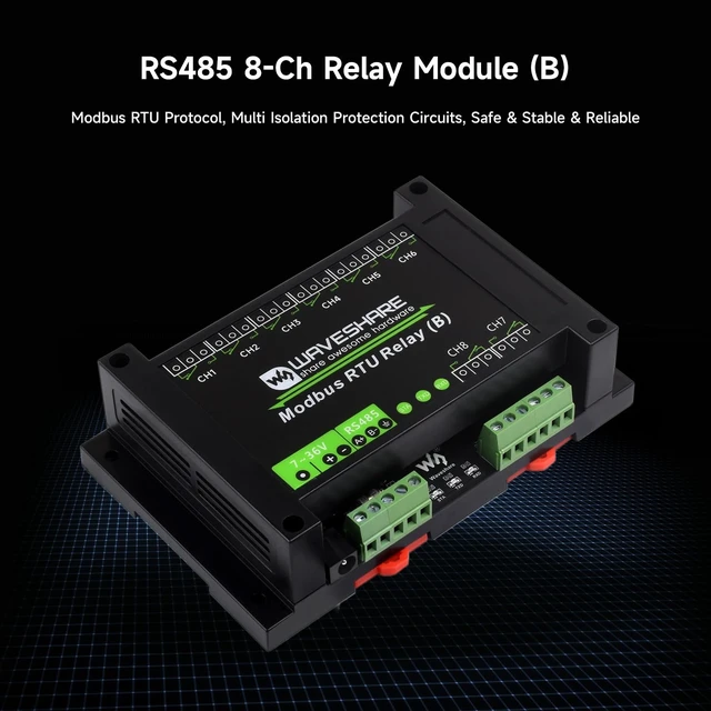 Alt view image 3 of 7 - Waveshare Industrial Modbus RTU 8-Ch Relay Module (B) with RS485 Interface, Multi Isolation Protection Circuits, 7~36V Power Supply