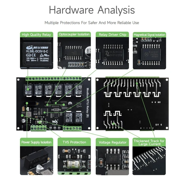 Alt view image 6 of 7 - Waveshare Industrial Modbus RTU 8-Ch Relay Module (B) with RS485 Interface, Multi Isolation Protection Circuits, 7~36V Power Supply