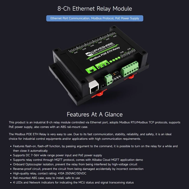 Alt view image 2 of 7 - Waveshare 8-Ch Ethernet Relay Module, Modbus RTU/Modbus TCP Protocol, PoE Port Communication, with Various Isolation and Protection Circuits, Industrial Grade Rail-Mount Case