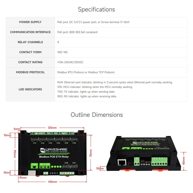 Alt view image 3 of 7 - Waveshare 8-Ch Ethernet Relay Module, Modbus RTU/Modbus TCP Protocol, PoE Port Communication, with Various Isolation and Protection Circuits, Industrial Grade Rail-Mount Case
