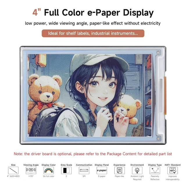 Alt view image 3 of 7 - Waveshare 4-inch E Ink Spectra 6 (E6) Full Color E-Paper Display, Compatible with Raspberry Pi 4B/3B/Zero/Zero W/Zero 2W/Pico, Jetson Nano and RDK X3, with HAT+ Driver Board