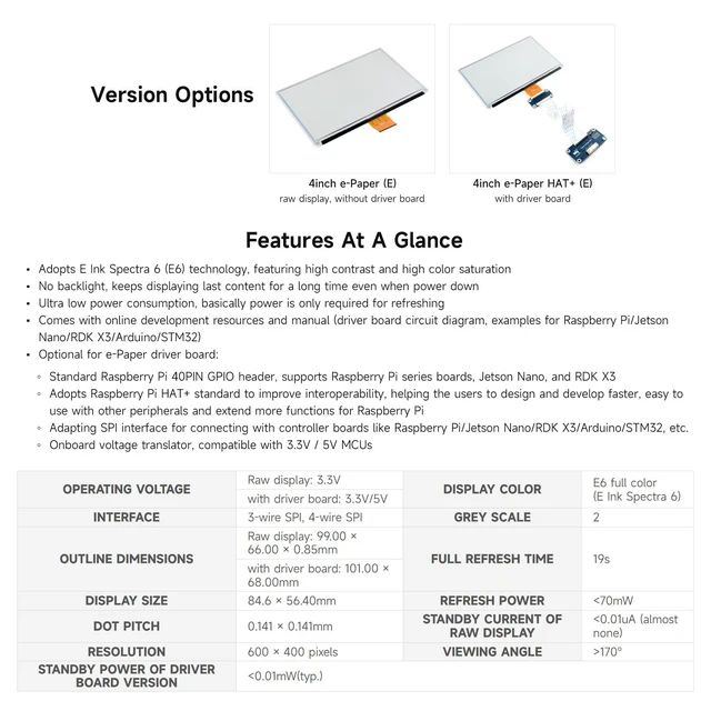 Alt view image 4 of 7 - Waveshare 4-inch E Ink Spectra 6 (E6) Full Color E-Paper Display, Compatible with Raspberry Pi 4B/3B/Zero/Zero W/Zero 2W/Pico, Jetson Nano and RDK X3, with HAT+ Driver Board