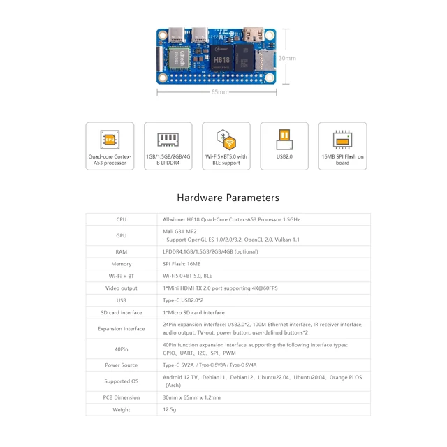 Alt view image 6 of 7 - Orange Pi Zero 2W 2G Allwinner H618 LPDDR4 Quad Core CPU 64 Bit Single Board Computer, 1.5GHz Frequency WiFi 5.0 Bluetooth 5.0 onboard Antenna Support 4K Display Run Android Ubuntu