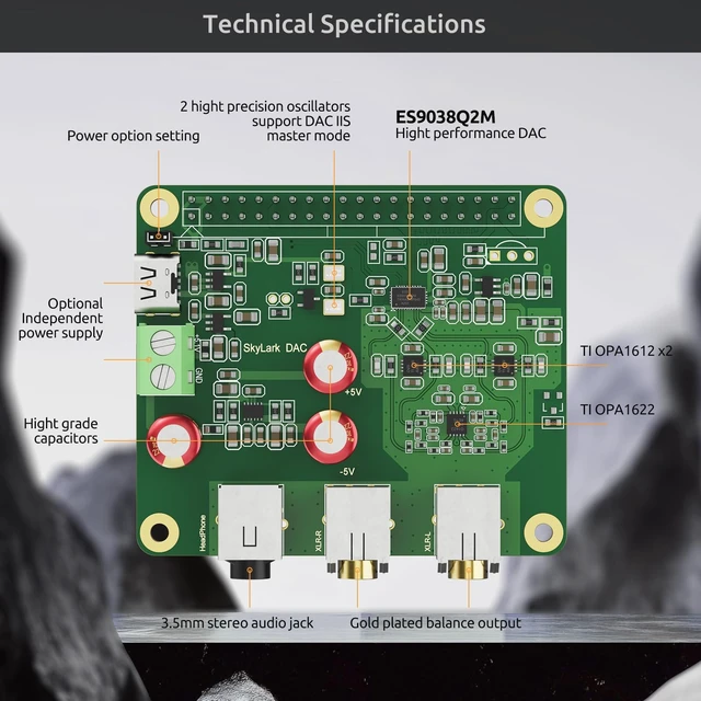 Alt view image 3 of 7 - InnoMaker HiFi DAC Pro Hat with ES9038Q2M Chip for Raspberry Pi 5/4/3B+/3B/Zero - High-Resolution 384KHz/32bit & DSD512 Audio Card, DAC Converter for Volumio, Moode, Headphone & Balanced Output