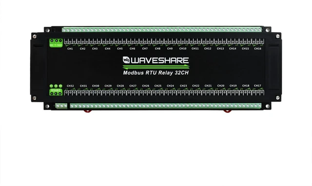 Main image of Waveshare Modbus RTU 32-Ch Relay Module, RS485 Interface, with Multiple Isolation Protection Circuits, Industrial-Grade, Rail-Mount Case