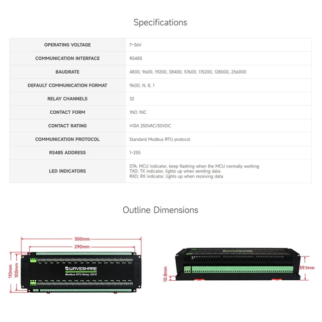 Alt view image 4 of 7 - Waveshare Modbus RTU 32-Ch Relay Module, RS485 Interface, with Multiple Isolation Protection Circuits, Industrial-Grade, Rail-Mount Case