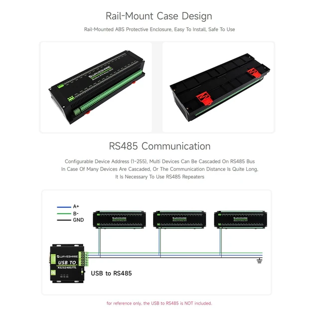 Alt view image 6 of 7 - Waveshare Modbus RTU 32-Ch Relay Module, RS485 Interface, with Multiple Isolation Protection Circuits, Industrial-Grade, Rail-Mount Case
