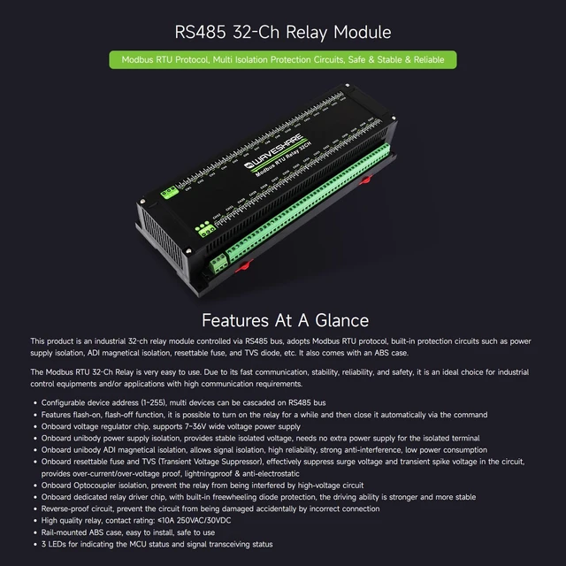 Alt view image 3 of 7 - Waveshare Modbus RTU 32-Ch Relay Module, RS485 Interface, with Multiple Isolation Protection Circuits, Industrial-Grade, Rail-Mount Case