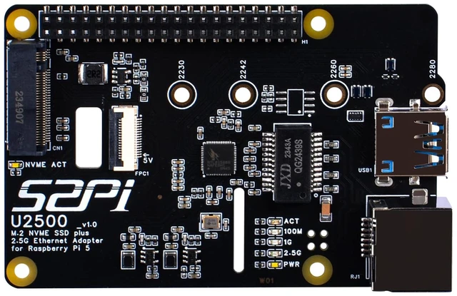 Main image of GeeekPi M.2 NVMe SSD Plus 2.5G Ethernet Adapter for Raspberry Pi 5, W01 U2500 Hat with NVMe SSD Expansion, USB 2.5G Network Port, GPIO Header, Support M.2 NVMe M-Key 2230/2242/2260/2280 SSD