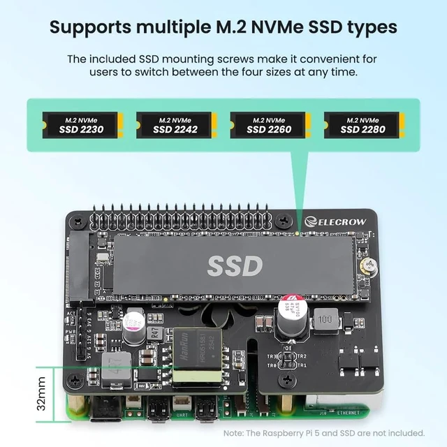 Alt view image 6 of 7 - MazerPi PoE+ M.2 NVMe HAT for Raspberry Pi 5 | 802.3at Ethernet Power and PCIe M-Key SSD Expansion Board, Supports 2230/2242/2260/2280 (Pi 5 and SSD Not Included)