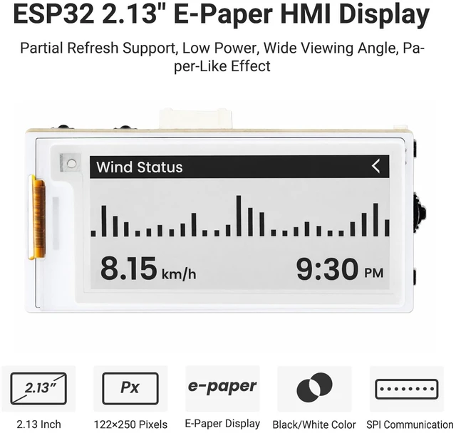 Alt view image 2 of 7 - IoTeikXgo 2.13 Inch E-Ink Display with ESP32-S3 Development Board | Black/White E-Paper Display with 122x250 Resolution, Driven by SPI Interface, Ultra-Low Power (Without Acrylic Case)