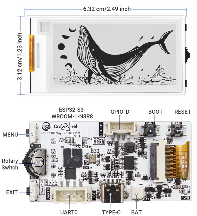 Alt view image 3 of 7 - IoTeikXgo 2.13 Inch E-Ink Display with ESP32-S3 Development Board | Black/White E-Paper Display with 122x250 Resolution, Driven by SPI Interface, Ultra-Low Power (Without Acrylic Case)