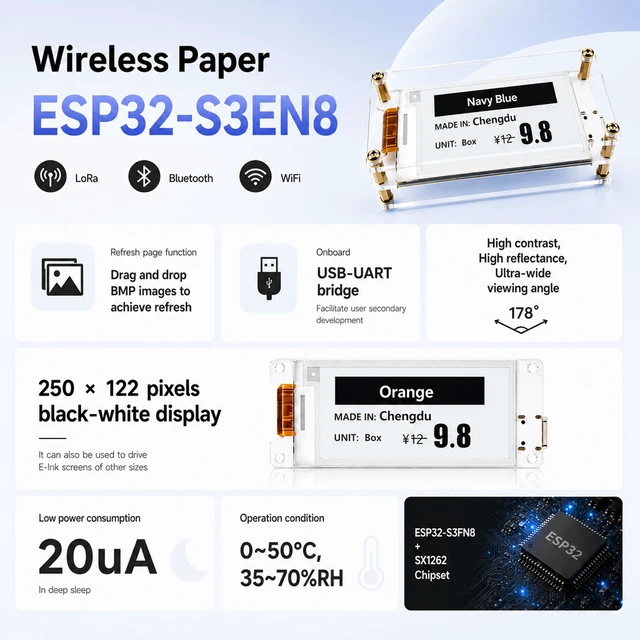 Alt view image 3 of 7 - Heltec ESP32-S3 Wireless Paper E-Ink 2.13 Inch | SX1262, LoRa WiFi Bluetooth, 20uA Deep Sleep, Low Power IoT Node for Meshtastic
