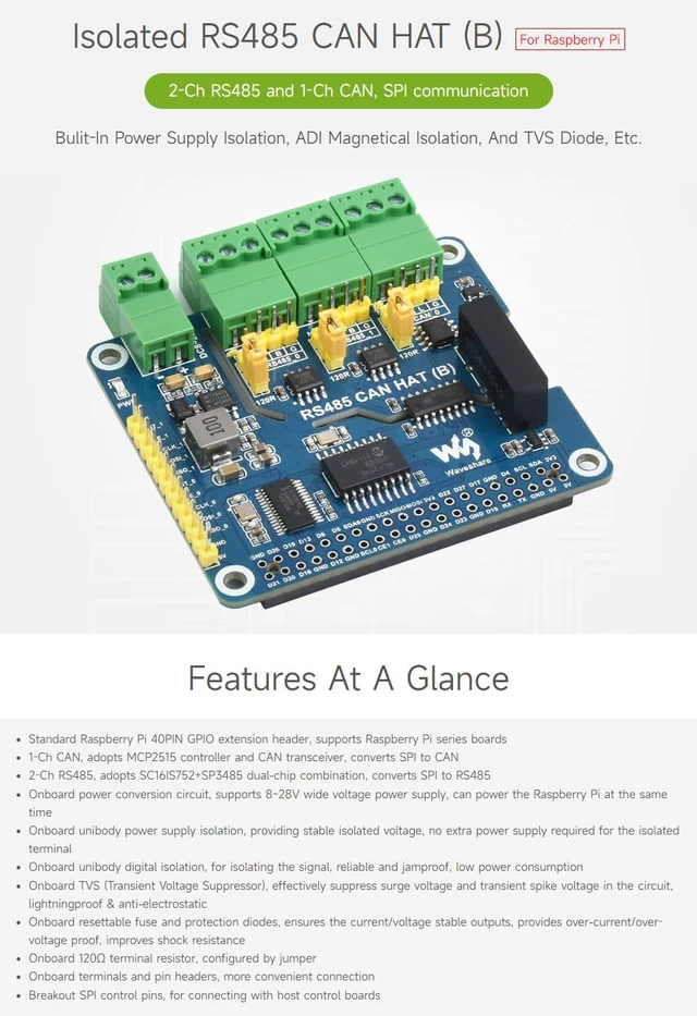Alt view image 3 of 7 - Waveshare Isolated RS485 CAN HAT B, Compatible with Raspberry Pi 5/4B/3B/Zero/Zero W/Zero 2W/Pico/Pico W/Pico WH, Type 2-Ch RS485 and 1-Ch CAN Multi Protections