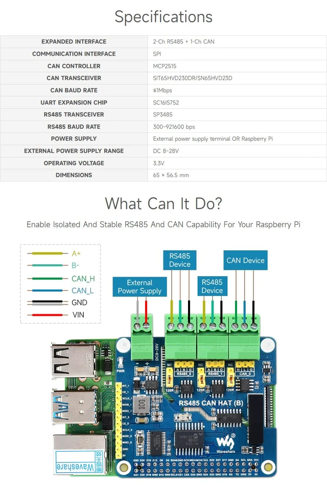 Alt view image 4 of 7 - Waveshare Isolated RS485 CAN HAT B, Compatible with Raspberry Pi 5/4B/3B/Zero/Zero W/Zero 2W/Pico/Pico W/Pico WH, Type 2-Ch RS485 and 1-Ch CAN Multi Protections