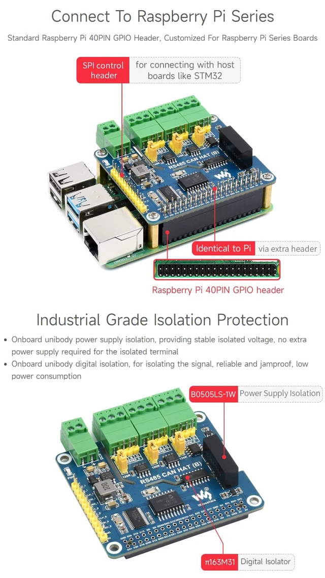 Alt view image 5 of 7 - Waveshare Isolated RS485 CAN HAT B, Compatible with Raspberry Pi 5/4B/3B/Zero/Zero W/Zero 2W/Pico/Pico W/Pico WH, Type 2-Ch RS485 and 1-Ch CAN Multi Protections