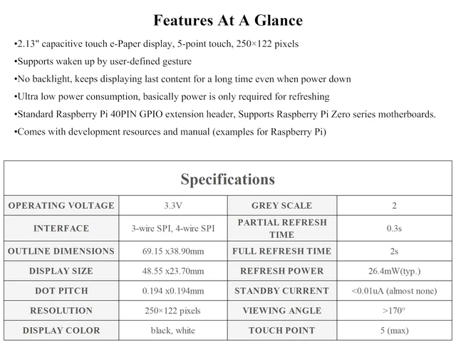 Alt view image 3 of 7 - 2.13inch Touch e-Paper Display with ABS Case for Raspberry Pi Zero 2 W/Raspberry Pi Zero/Pi Zero W/Pi Zero WH, 250x122 Pixels E-Ink, Paper-Like Effect Support Partial Refresh