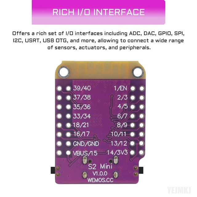 Alt view image 3 of 6 - YEJMKJ 10pcs ESP32 S2 Mini V1.0.0 WiFi Board Based ESP32-S2FN4R2 ESP32-S2 | ESP32 S2 Mini Board 4MB Flash 2MB PSRAM USB Type-C Connect Mini Module for MicroPython