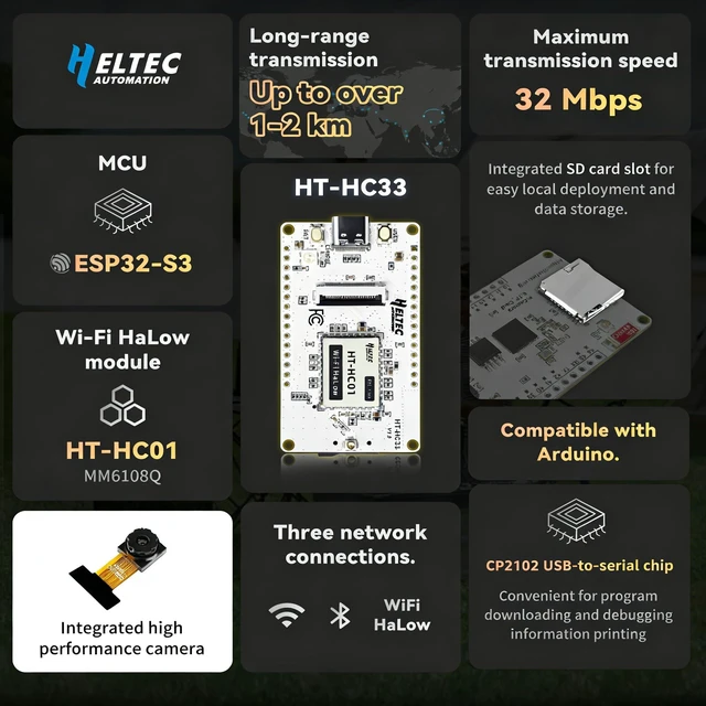 Alt view image 2 of 7 - Heltec ESP32-S3 CAM Deve Board with Wi-Fi HaLow OV3660 Camera Sensor | 2.4GHz Wi-Fi, BLE 5.0, Long-range Fast Transmission 1~2km 32 Mbps, 8MB PSRAM 16MB Flash, for Arduino IoT