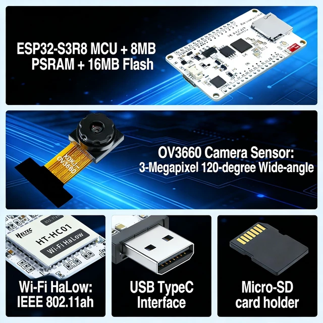 Alt view image 6 of 7 - Heltec ESP32-S3 CAM Deve Board with Wi-Fi HaLow OV3660 Camera Sensor | 2.4GHz Wi-Fi, BLE 5.0, Long-range Fast Transmission 1~2km 32 Mbps, 8MB PSRAM 16MB Flash, for Arduino IoT