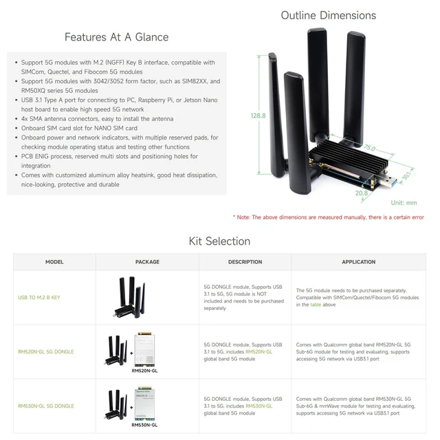 Alt view image 4 of 7 - Waveshare 5G DONGLE Module Quad Antennas USB3.1 Port Aluminum Alloy Heatsink M.2 Key B Interface, 5G Module Not Included.