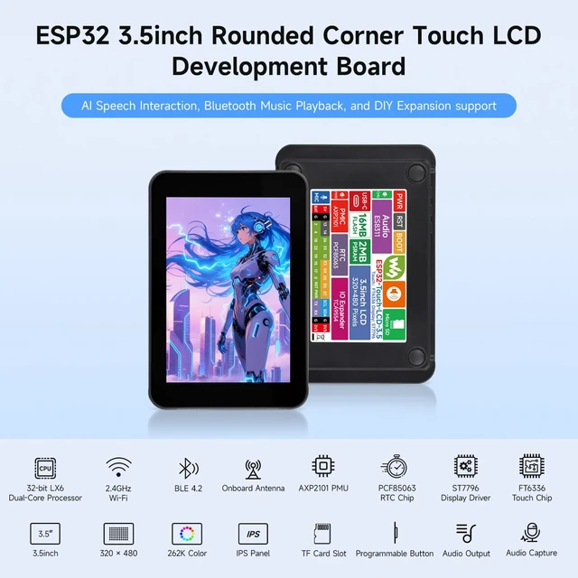 Alt view image 3 of 7 - Waveshare ESP32 3.5inch Rounded Corner Touch LCD Development Board, 320 × 480, Onboard Audio Codec Chip, Built-in Microphone and Speaker, Supports Wi-Fi and BLE, Without BAT