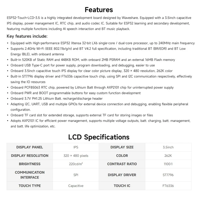 Alt view image 4 of 7 - Waveshare ESP32 3.5inch Rounded Corner Touch LCD Development Board, 320 × 480, Onboard Audio Codec Chip, Built-in Microphone and Speaker, Supports Wi-Fi and BLE, Without BAT