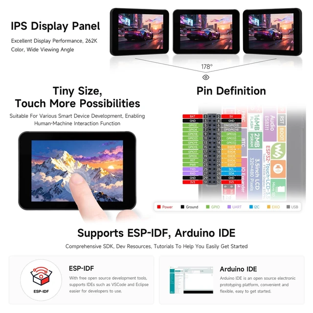 Alt view image 5 of 7 - Waveshare ESP32 3.5inch Rounded Corner Touch LCD Development Board, 320 × 480, Onboard Audio Codec Chip, Built-in Microphone and Speaker, Supports Wi-Fi and BLE, Without BAT