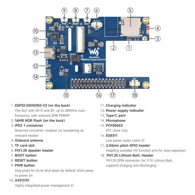 Alt view image 7 of 7 - Waveshare ESP32 3.5inch Rounded Corner Touch LCD Development Board, 320 × 480, Onboard Audio Codec Chip, Built-in Microphone and Speaker, Supports Wi-Fi and BLE, Without BAT