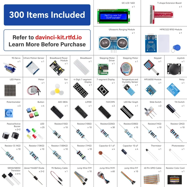 Alt view image 7 of 7 - SunFounder Da Vinci Starter Kit for Raspberry Pi 5 4B 3B B+ 400, Zero 2 W, Python C Java Scratch Node.js, Online Tutorials & Video Courses for Beginners & Experts (Raspberry PI NOT Included)